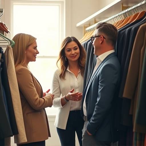 Consultora de estilo dando dicas de vestimenta para uma cliente em um closet bem organizado